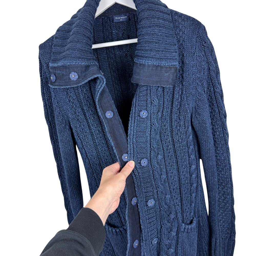 Blue Willi's Sweater Women's M Blue Cardigan Snap Up Cable Knit Denim Collar